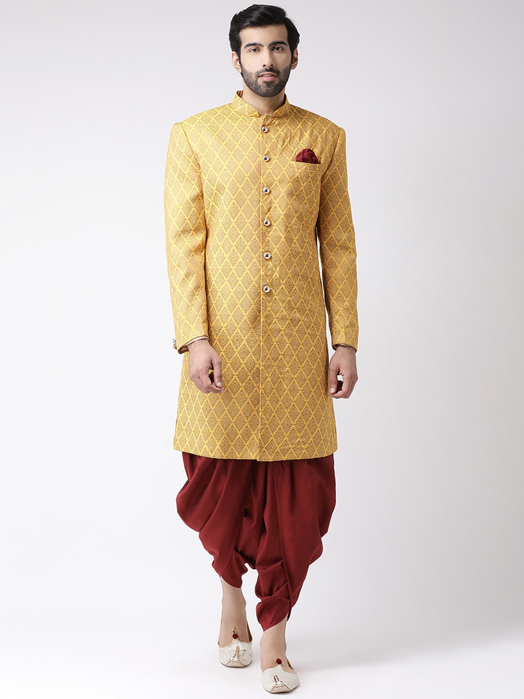 

KISAH Men Yellow & Maroon Printed Sherwani Set