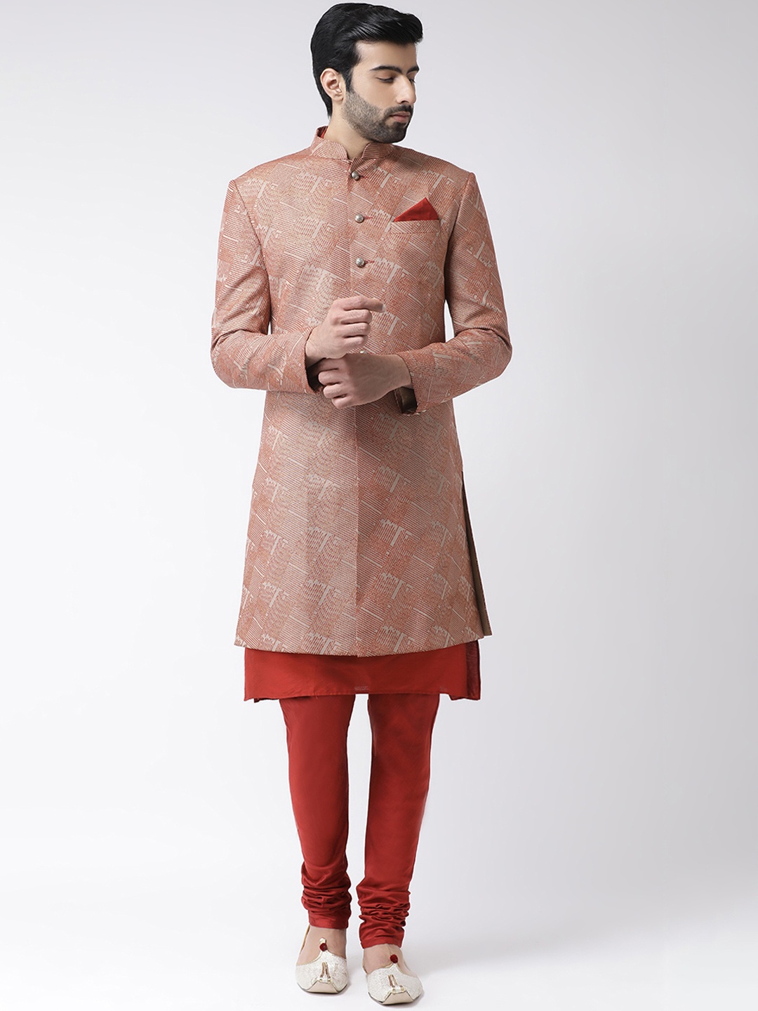 

KISAH Men Beige & Red Printed Sherwani Set