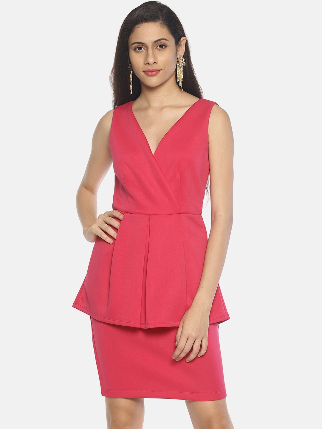 

AARA Women Solid Pink Wrap Peplum Dress
