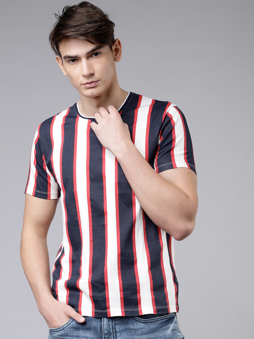 

LOCOMOTIVE Men White Striped Round Neck T-shirt