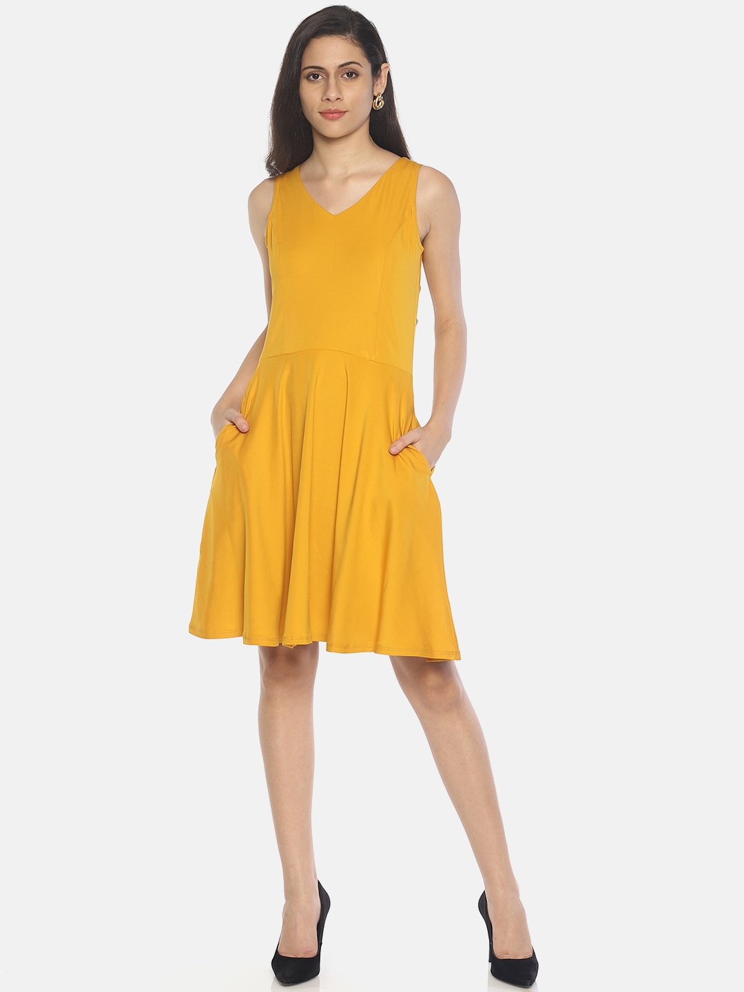 

AARA Women Solid Mustard Fit and Flare Dress