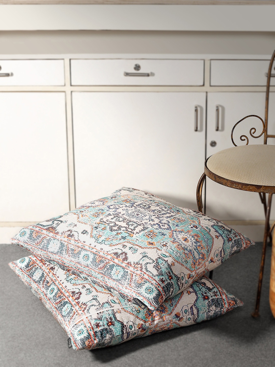 

ROMEE Beige & Blue Set of 2 Ethnic Motifs Square Cushion Covers