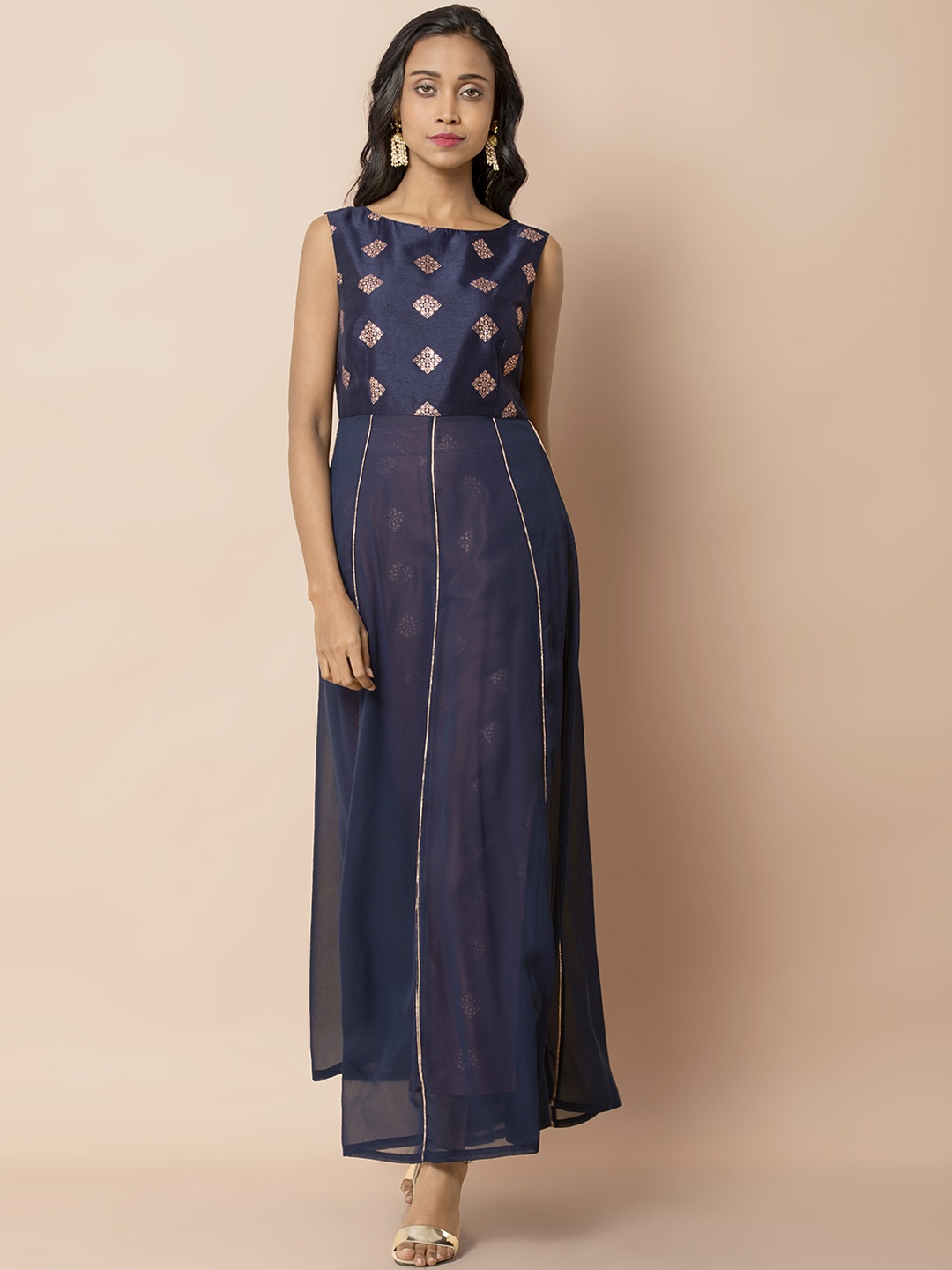 

INDYA Women Blue & Gold-Toned Foil Printed Anarkali Kurta