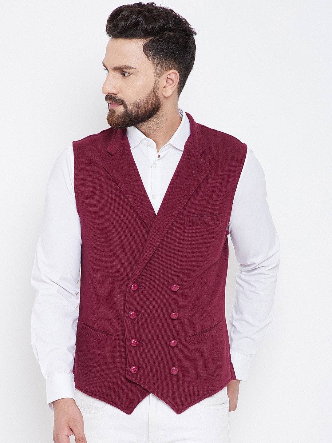 

Hypernation Men Maroon Solid Double-Breasted Pure Cotton Waistcoat
