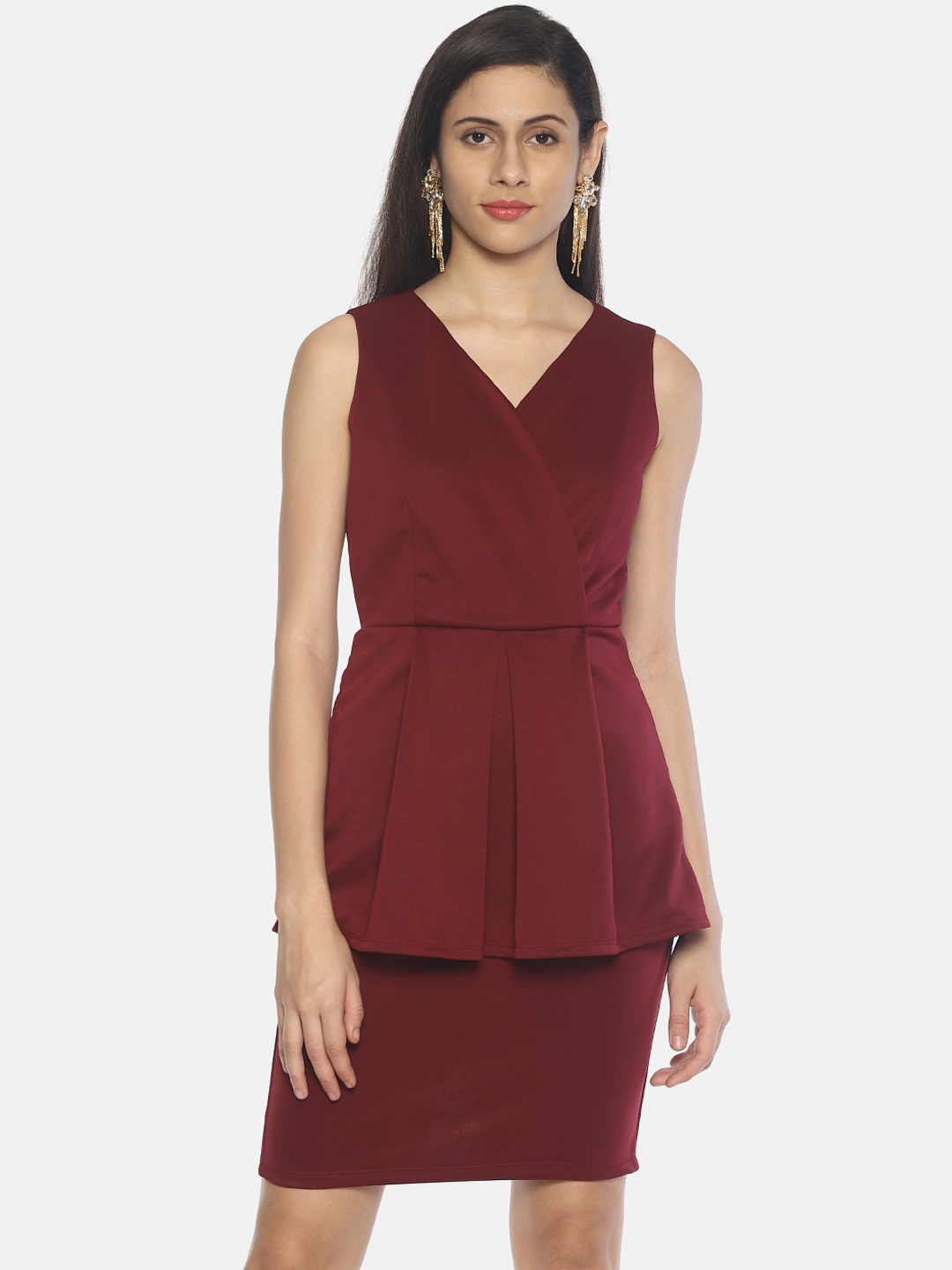 

AARA Women Solid Maroon Wrap Peplum Dress