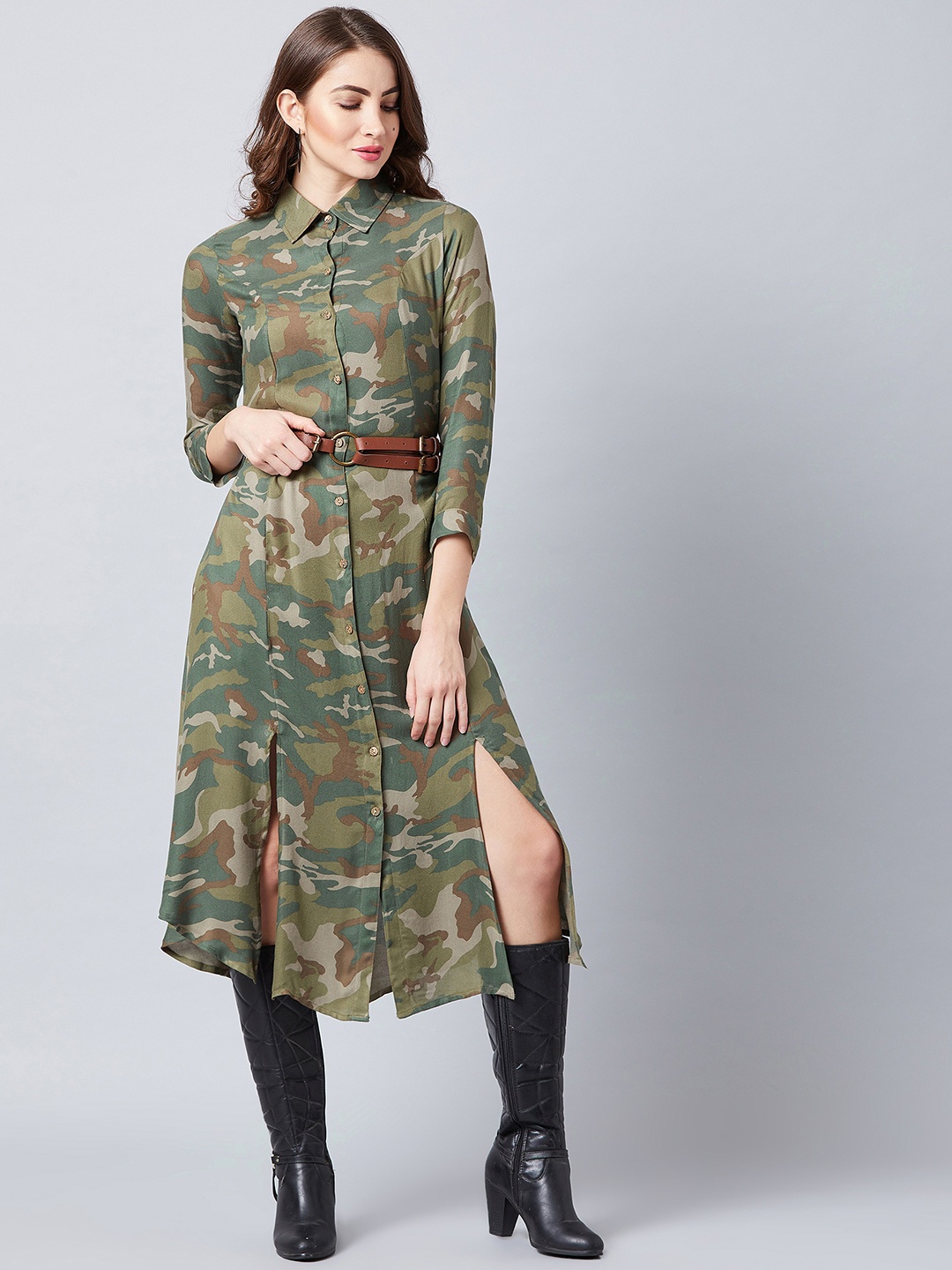Athena Women Printed Green Shirt Dress