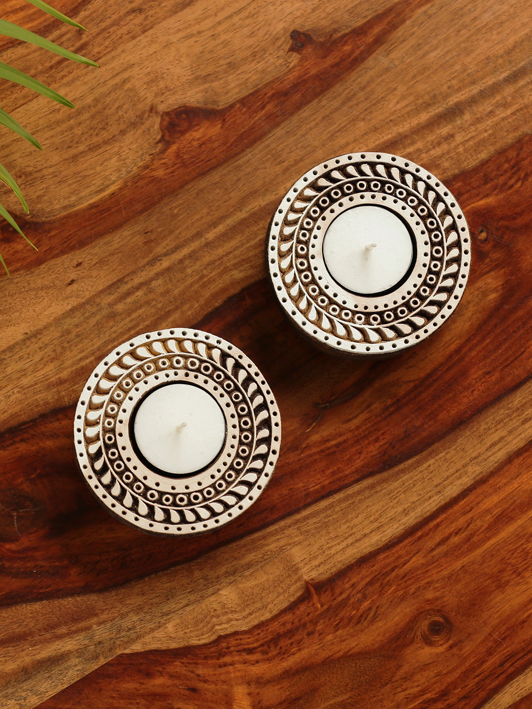

ExclusiveLane Sparkling Mandala Hand-Carved Blocks Candle Holders (Set of 2), Brown