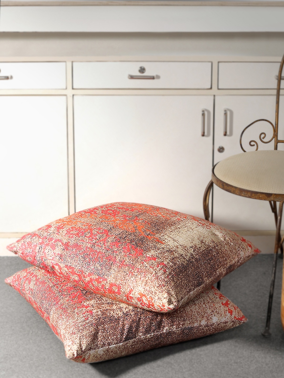 ROMEE Beige & Red Set of 2 Ethnic Motifs Square Cushion Covers