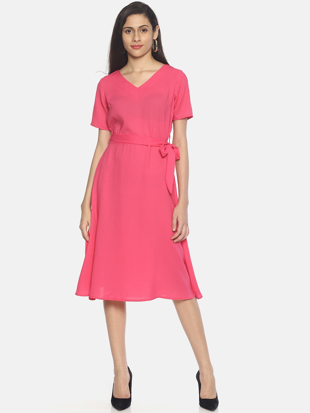 

AARA Women Solid Pink Fit and Flare Dress