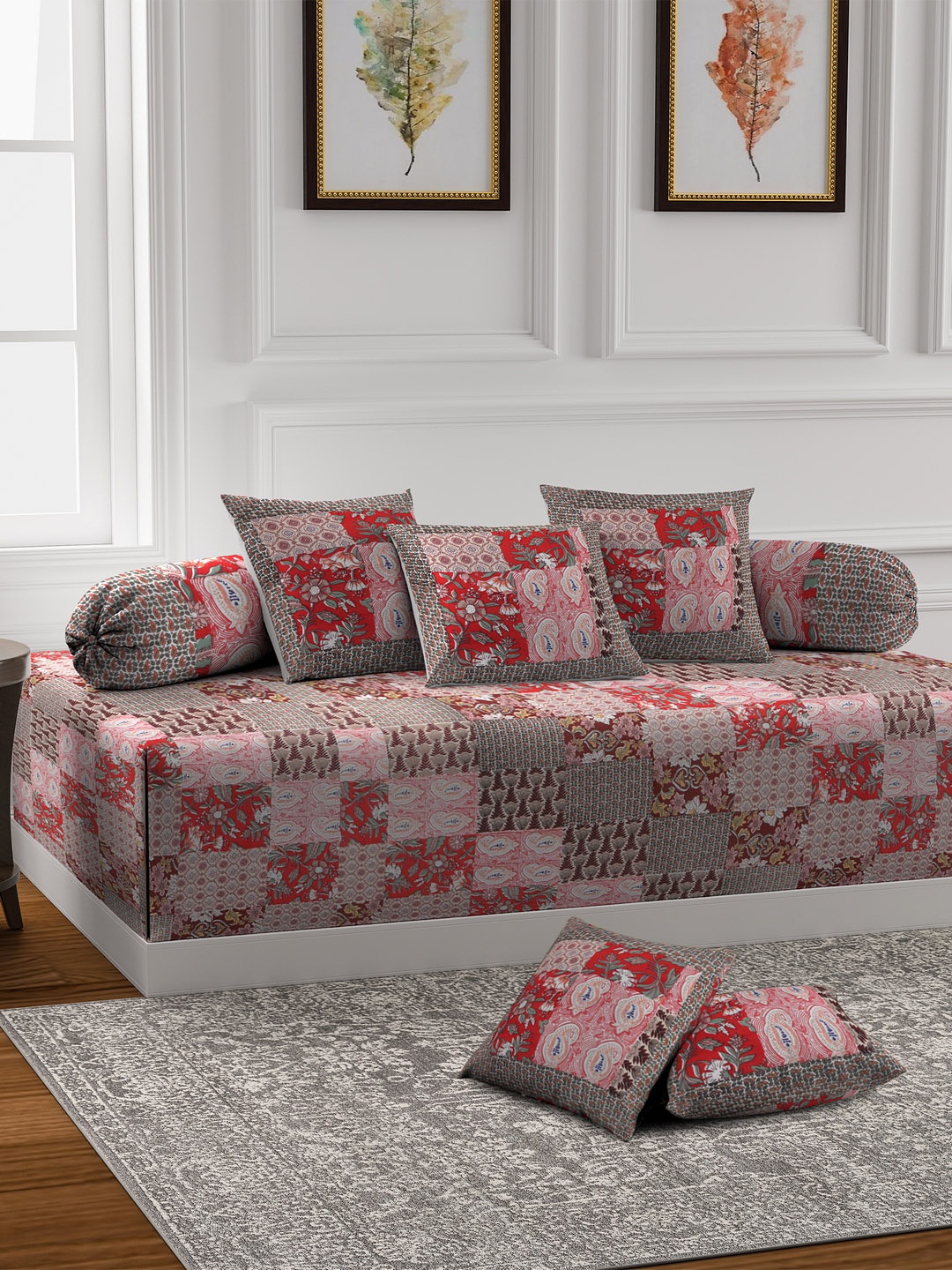 

Rajasthan Decor Set of 8 Red & Pink Printed Diwan