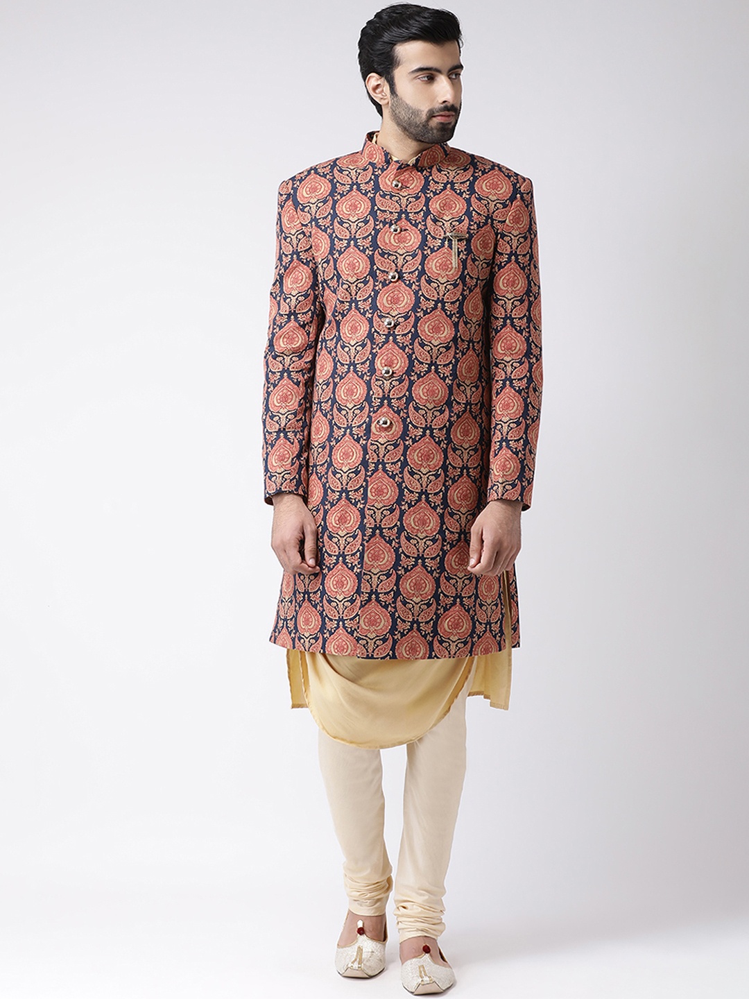 

KISAH Men Pink & Navy Blue Printed Sherwani Set