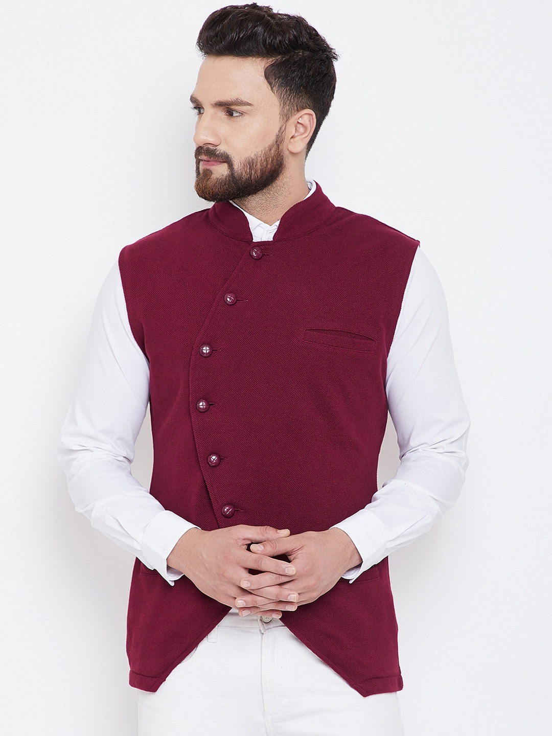 

Hypernation Men Maroon Solid Pure Cotton Waistcoat