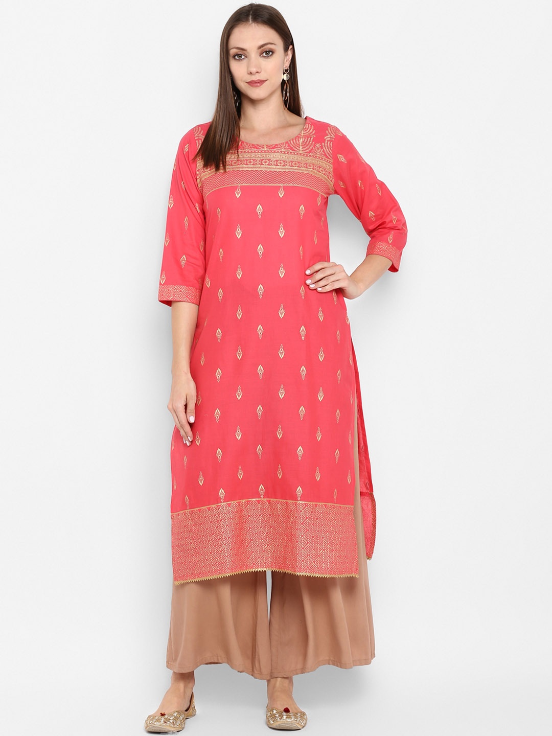 

ZOEYAMS Women Pink & Gold-Coloured Printed Straight Kurta