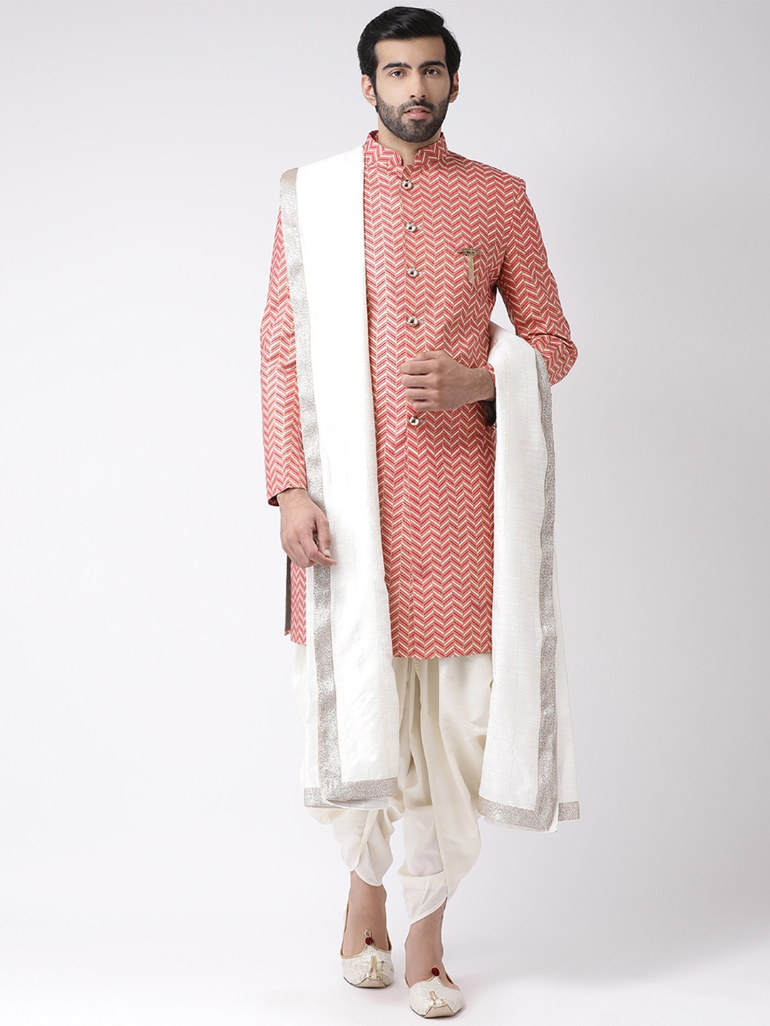 

KISAH Men Printed Indowestern Sherwani Set, Pink