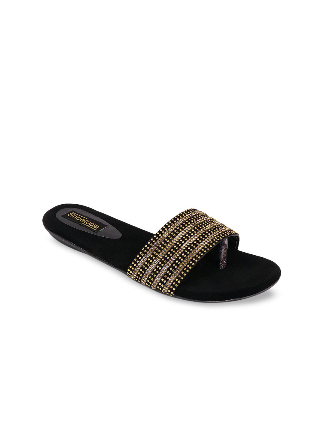

Shoetopia Women Gold-Toned & Black Solid Open Toe Flats