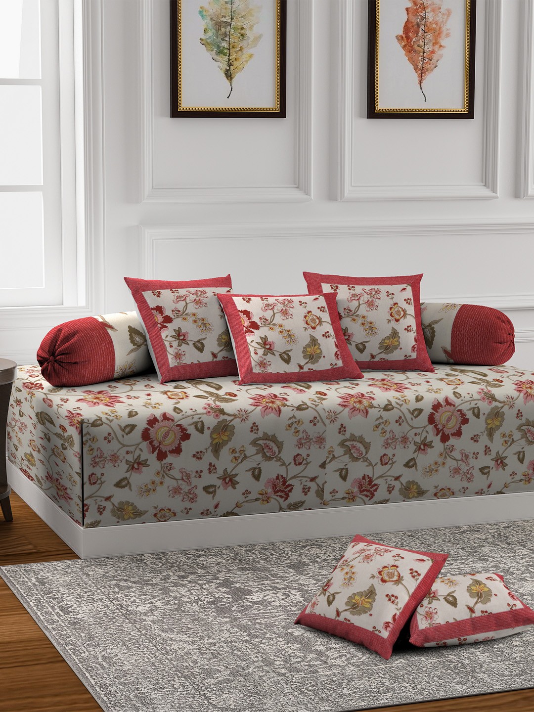 

Rajasthan Decor Set of 8 White & Red Printed Diwan