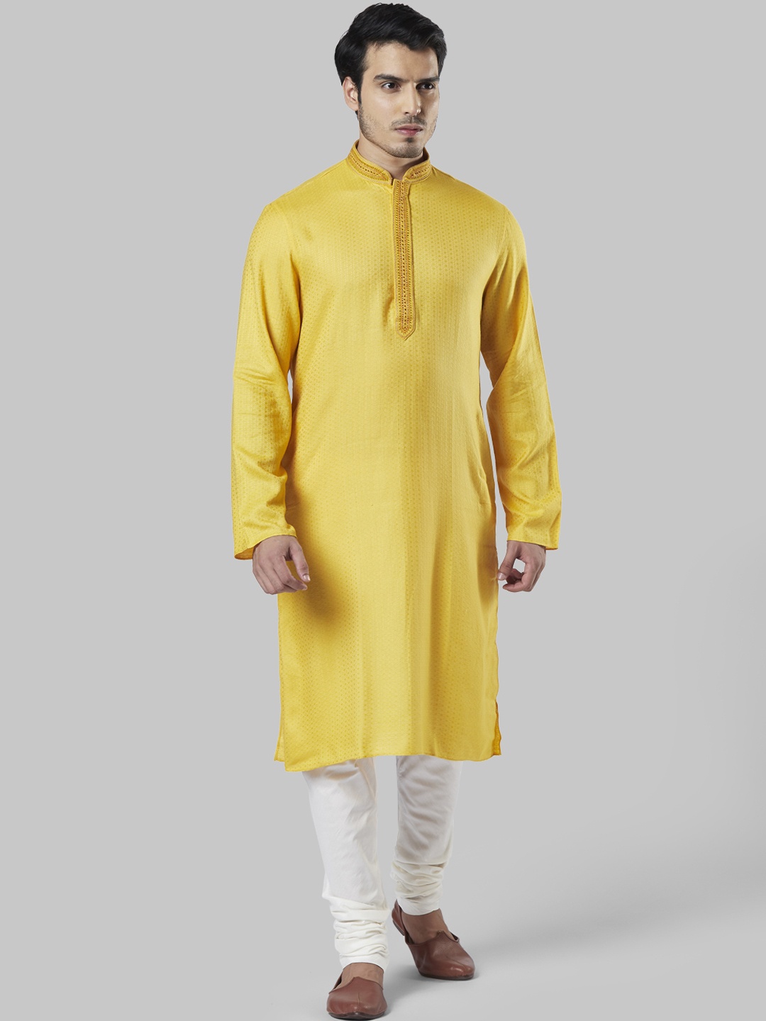 

Ethnix by Raymond Men Yellow Printed Straight Kurta