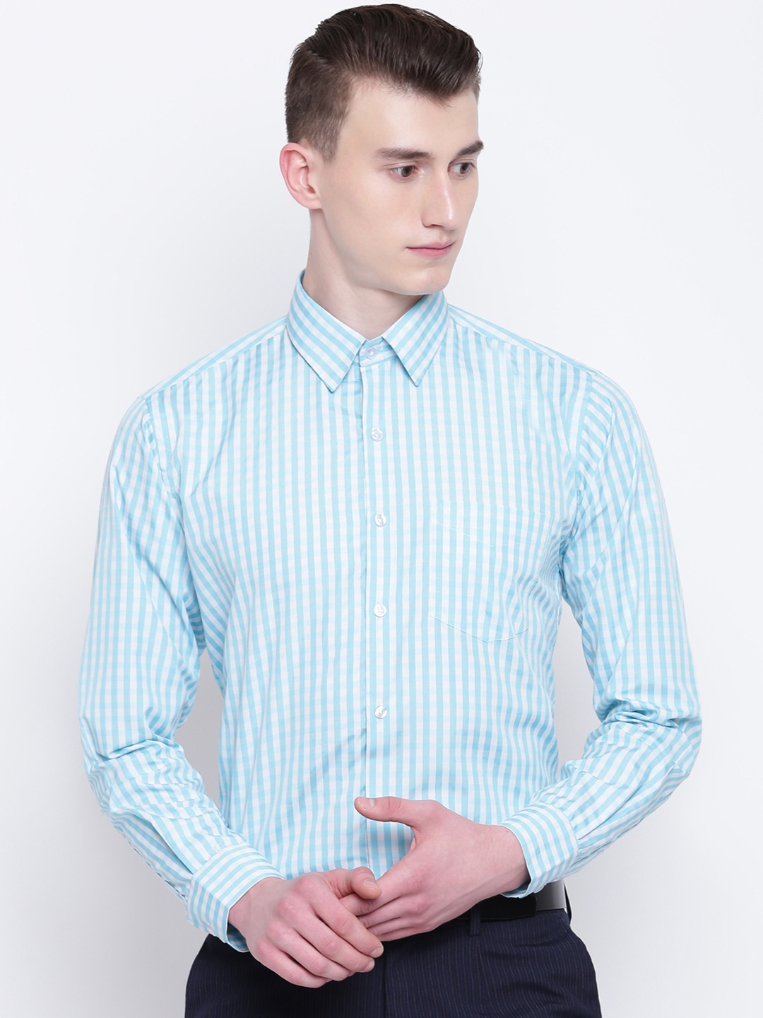 

English Navy Men Turquoise Blue & White Slim Fit Gingham Checked Formal Shirt