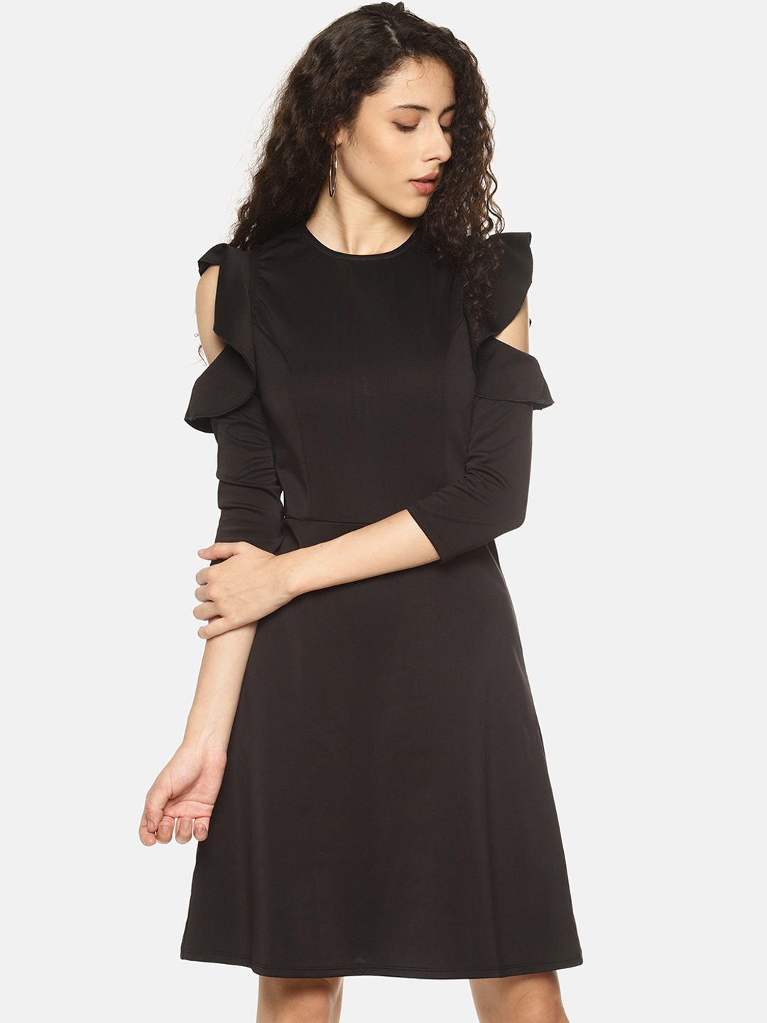 

AARA Women Solid Black Fit and Flare Dress