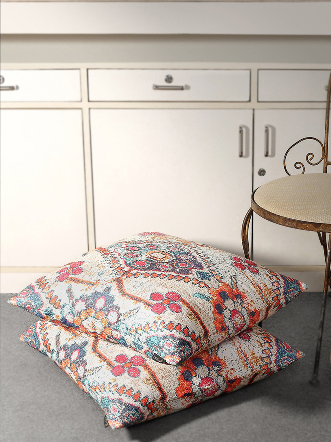 

ROMEE Cream-Coloured & Orange Set of 2 Ethnic Motifs Square Cushion Covers