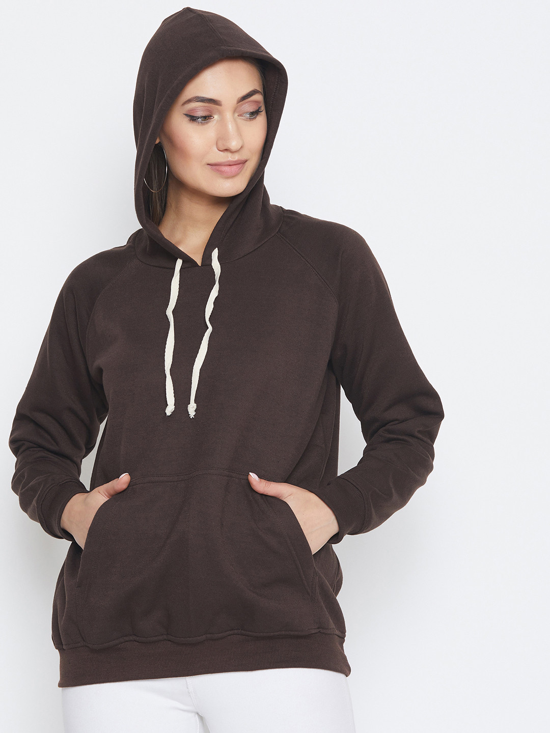 

PURYS Women Brown Solid Hooded Sweatshirt