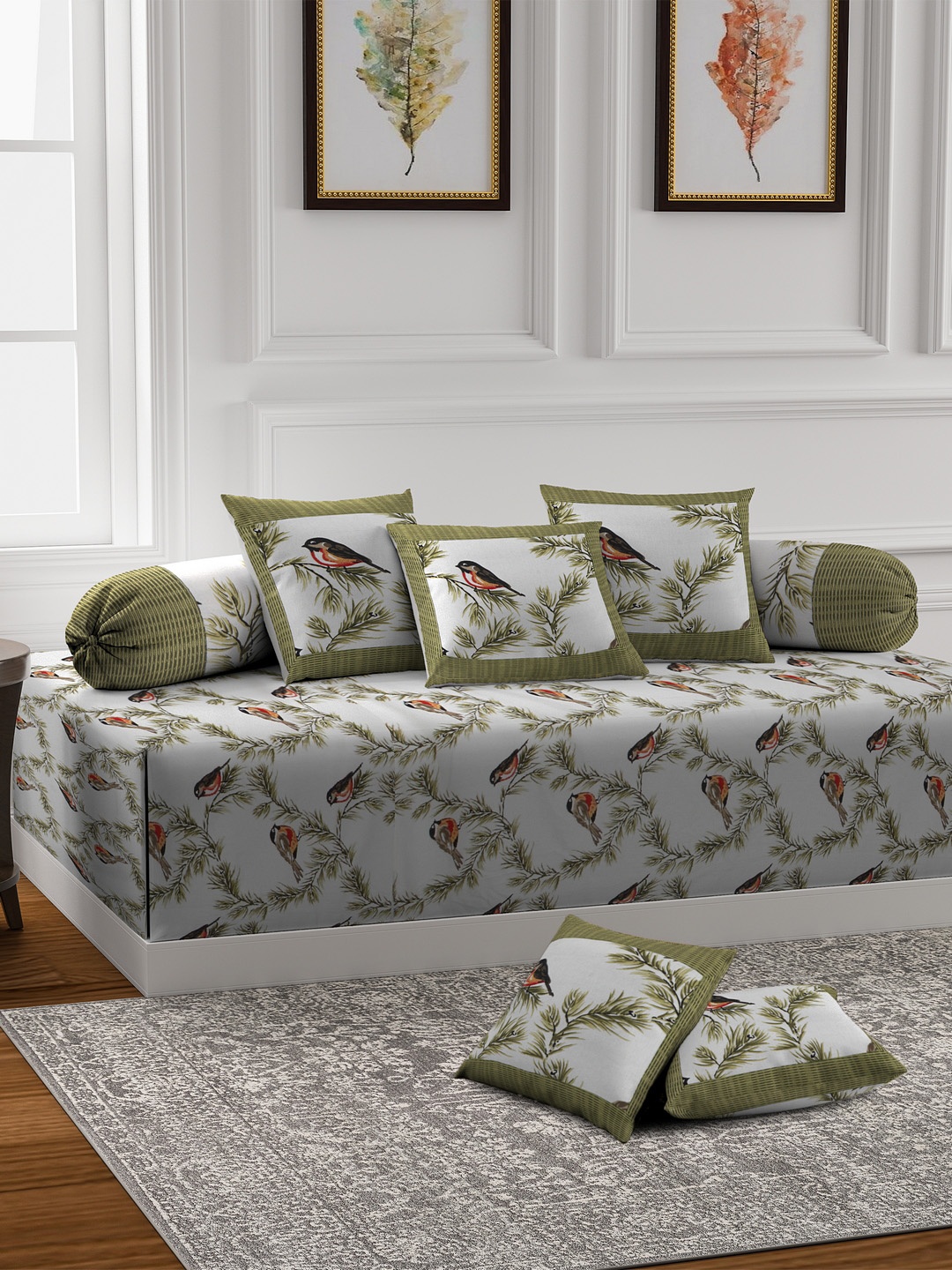 

Rajasthan Decor Set of 8 White & Olive Printed Diwan