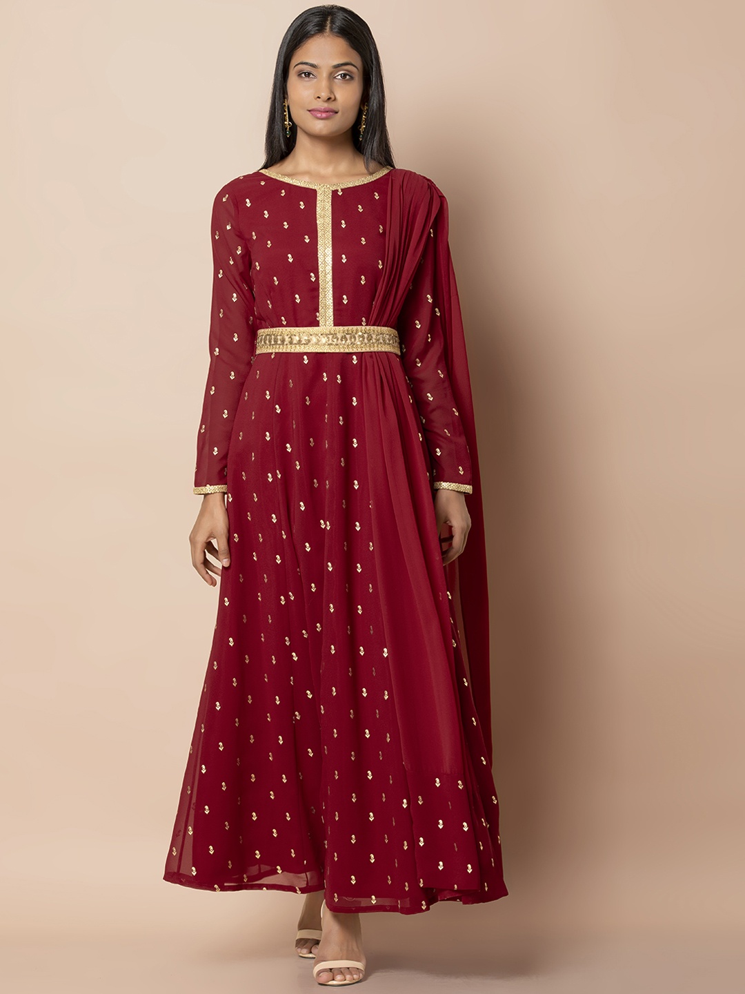 

INDYA Women Maroon Embellished Anarkali Kurta With Attached Dupatta