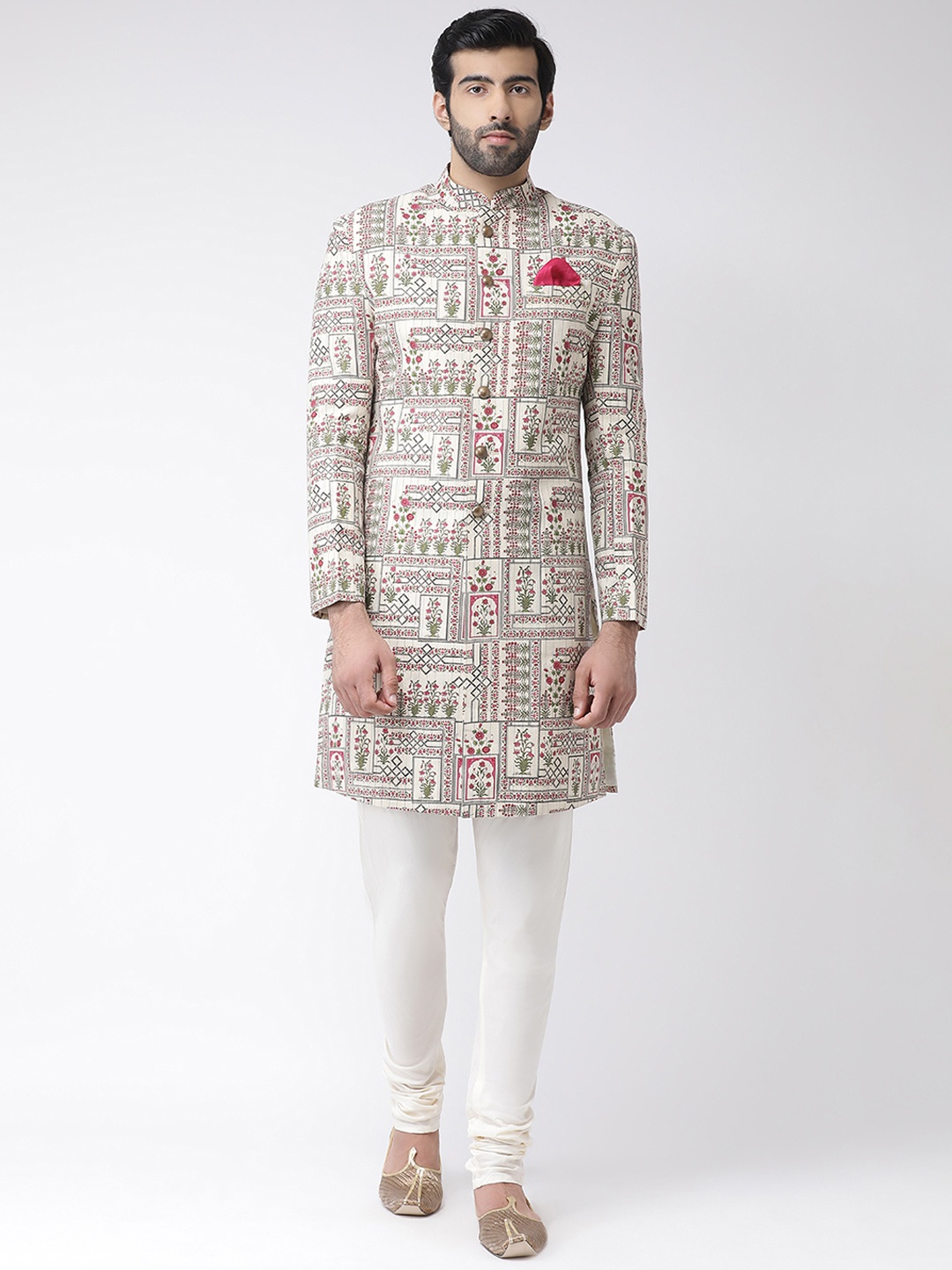 KISAH Men Printed Indowestern Sherwani Set, Cream