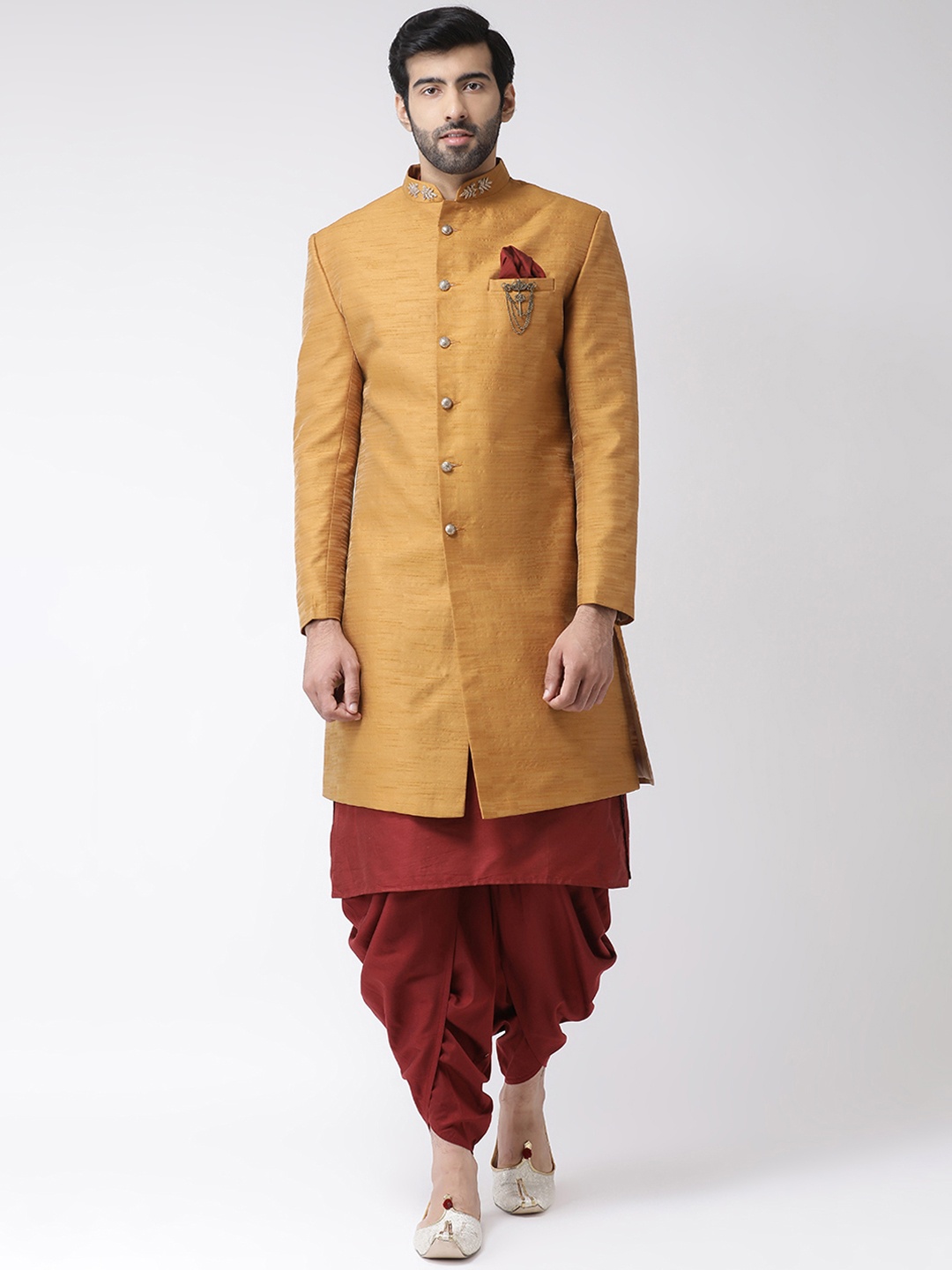 

KISAH Men Mustard Yellow And Maroon Solid Sherwani Set