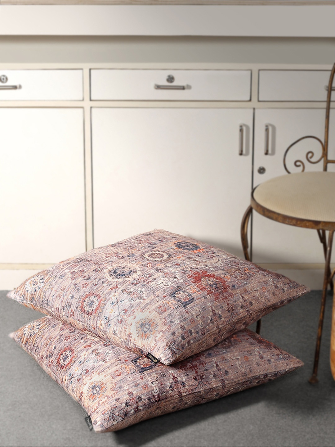

ROMEE Beige & Grey Set of 2 Ethnic Motifs Square Cushion Covers