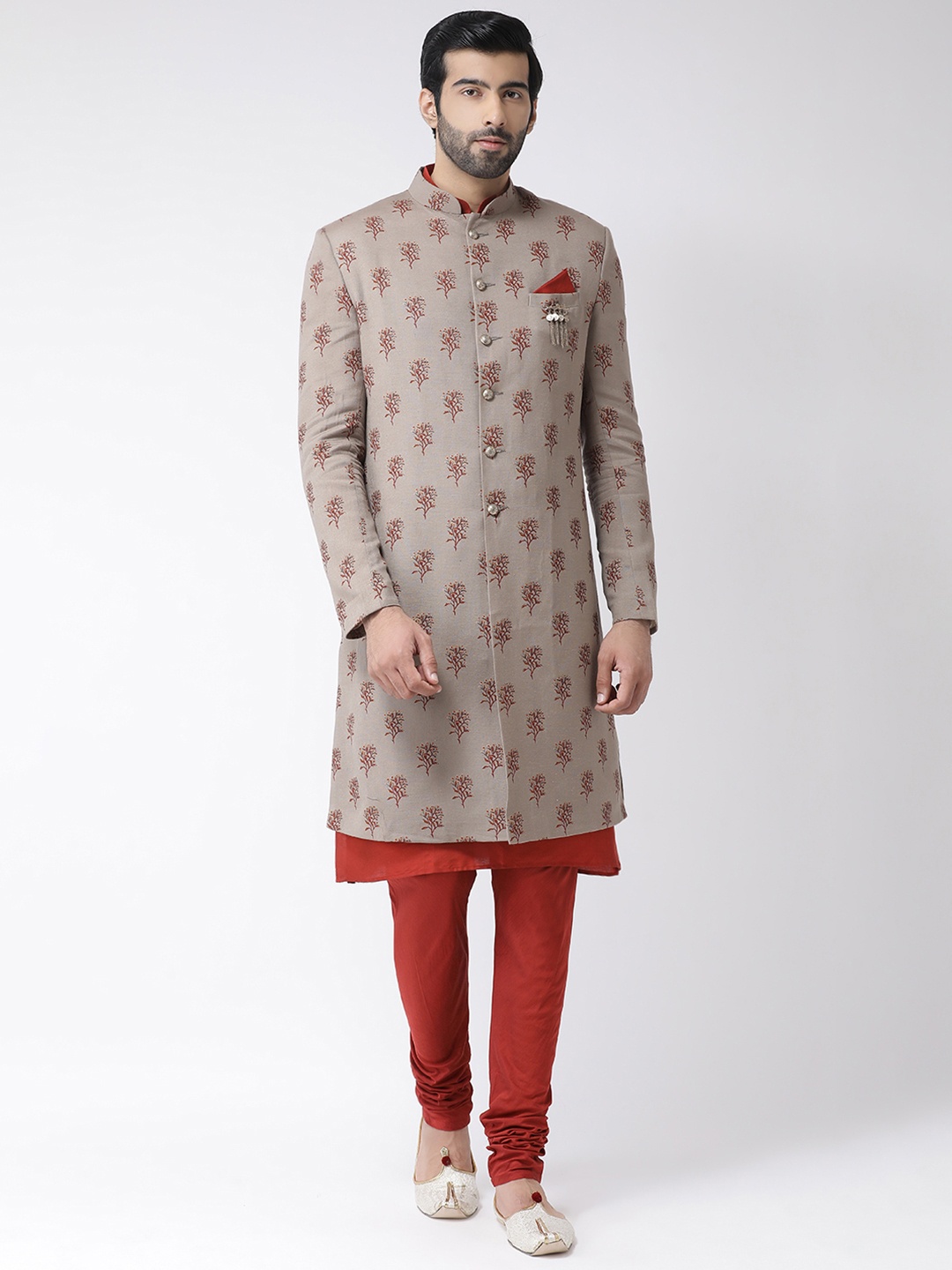 KISAH Men Grey & Red Printed Indowestern Sherwani Set