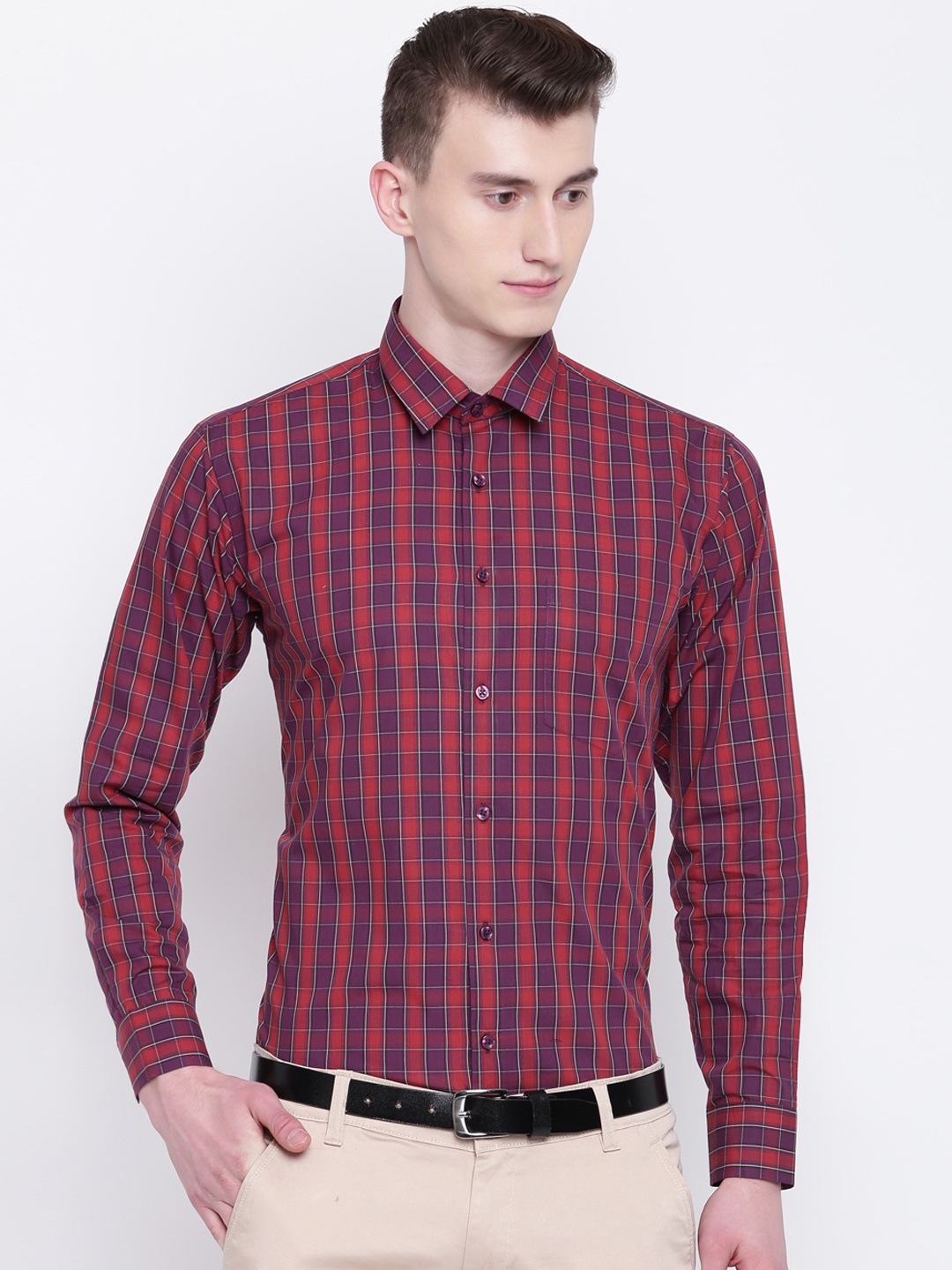 

Hancock Men Red & Purple Slim Fit Checked Formal Shirt