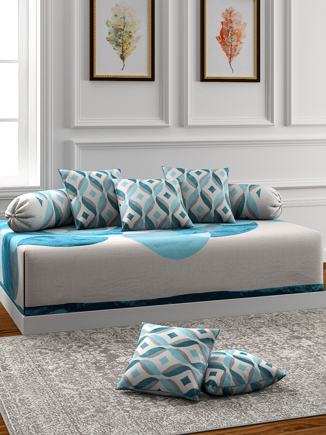 

ROMEE 8-Pcs White & Turquoise Blue Printed Diwan Set