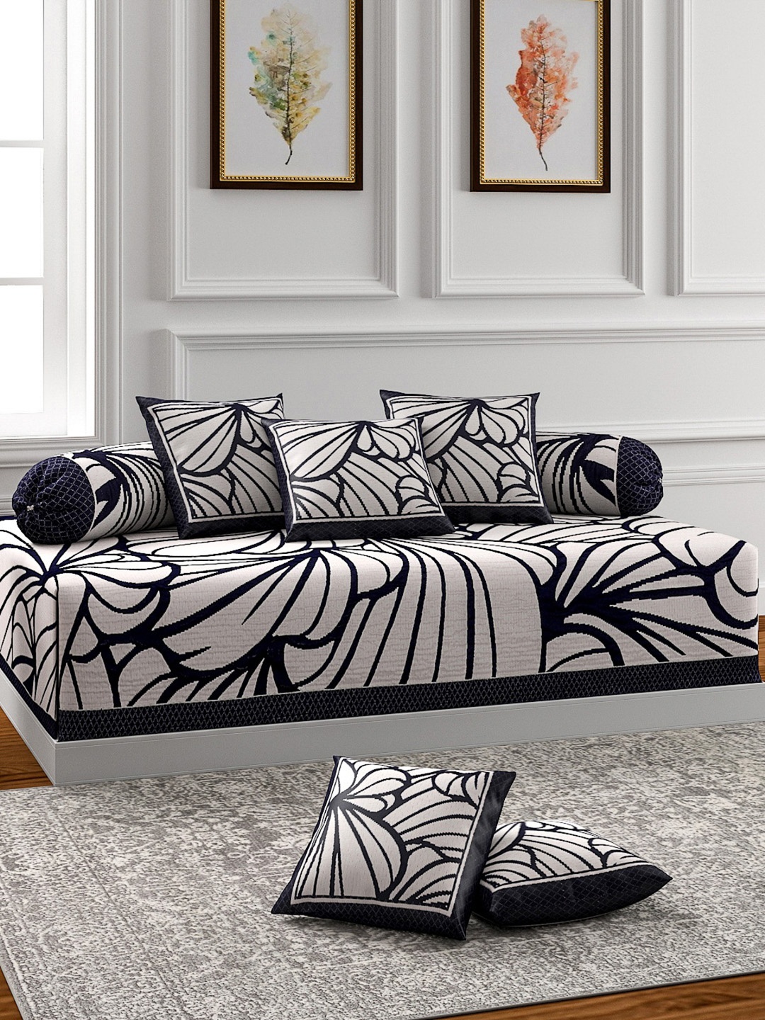 

ROMEE 8-Pcs White & Navy Blue Printed Diwan Set