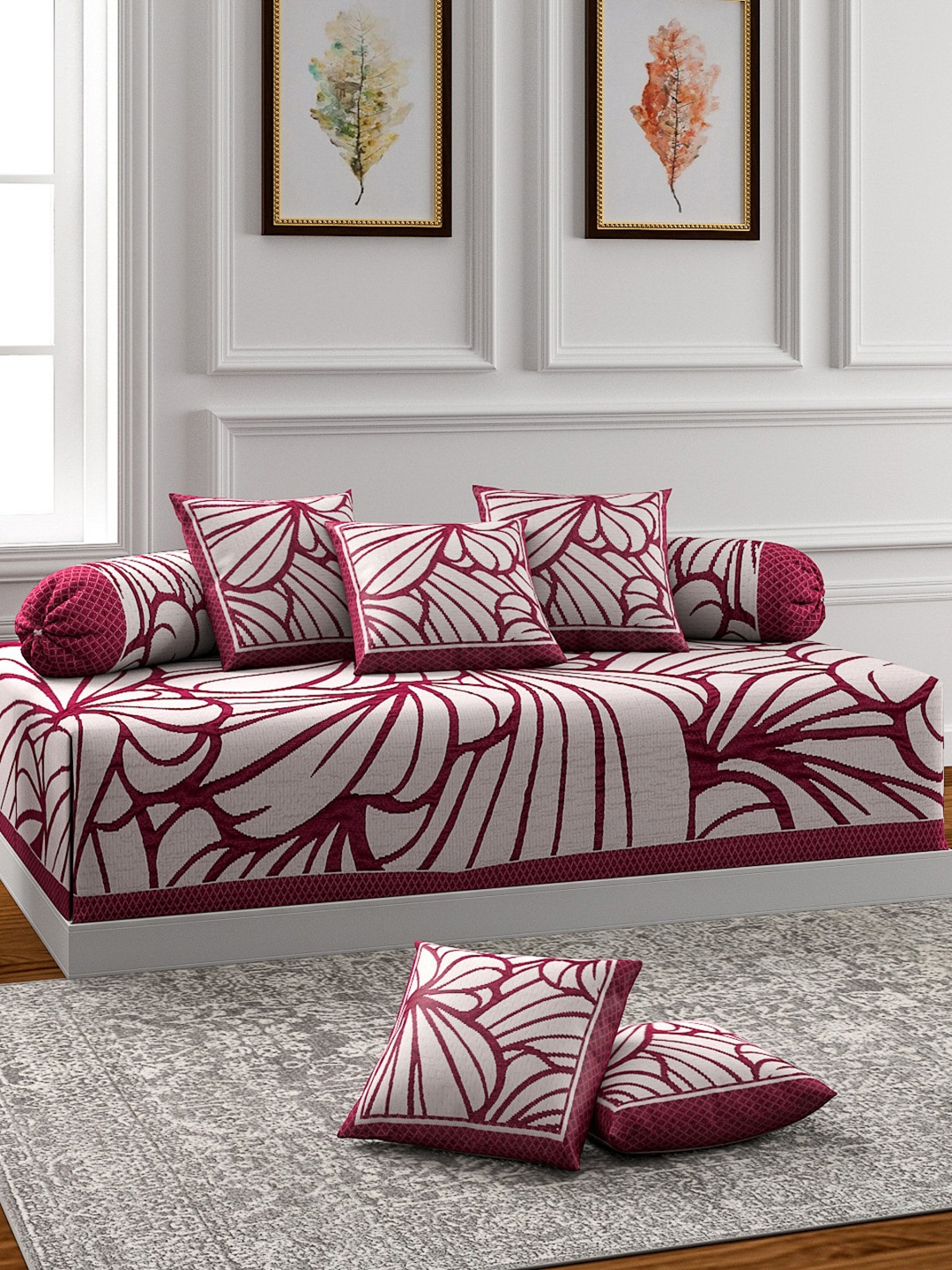 

ROMEE 8-Pcs White & Maroon Printed Diwan Set