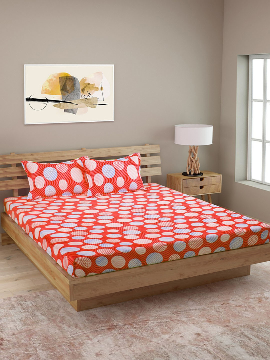 

ROMEE Red Geometric 144 TC Cotton 1 Queen Bedsheet with 2 Pillow Covers