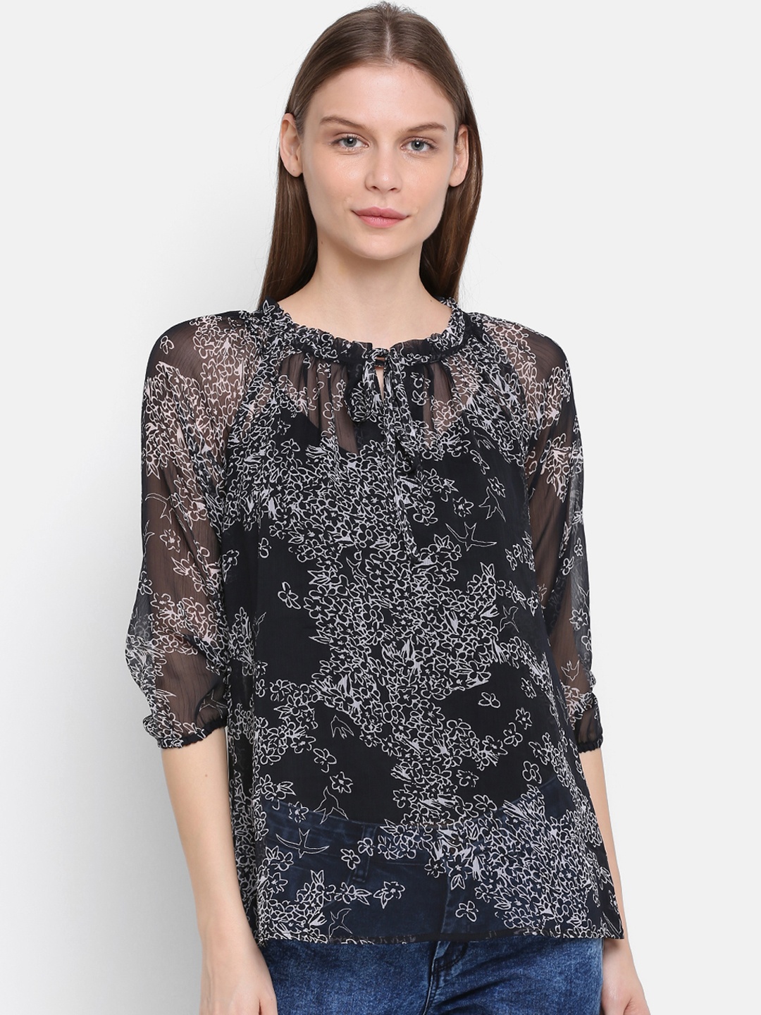 

Rute Women Black Floral Print A-Line Top