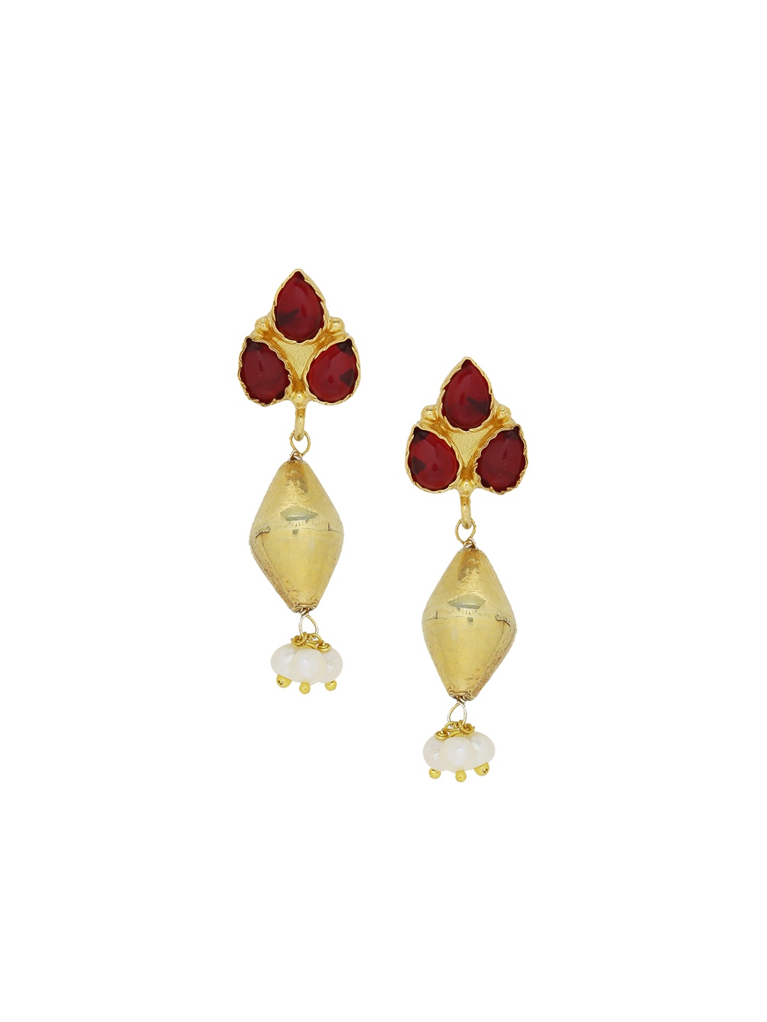 

Silvermerc Designs Gold-Plated Maroon Teardrop Shaped Drop Earrings
