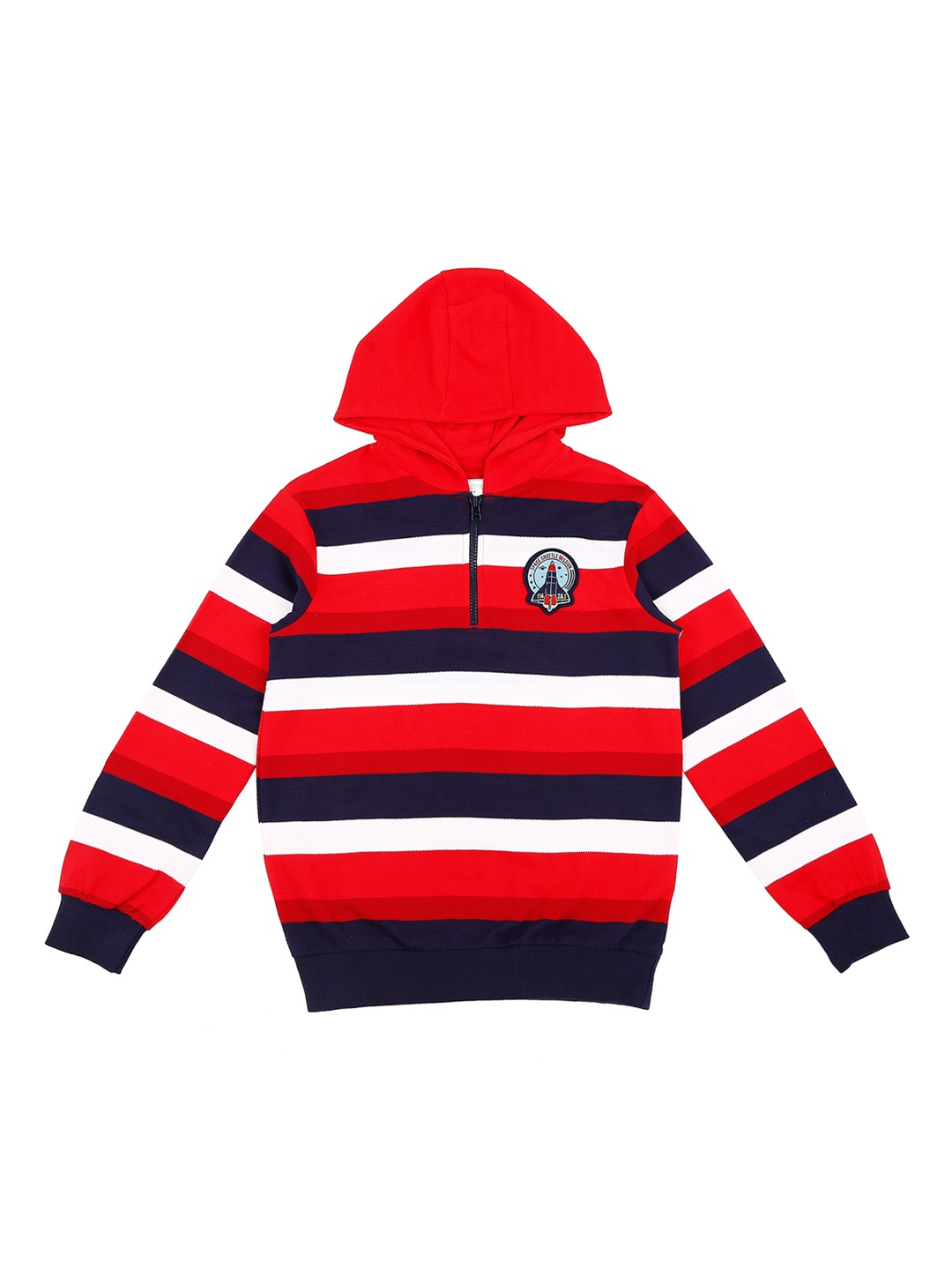 

Pantaloons Junior Boys Red & White Striped Hooded Sweatshirt