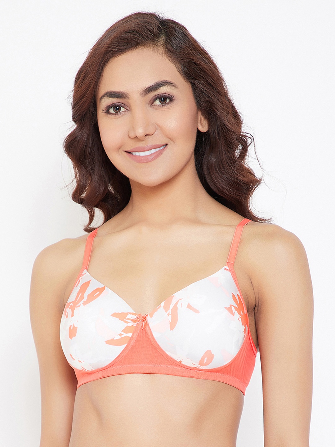 

Clovia Padded Non-Wired Floral Print T-Shirt Bra, Orange
