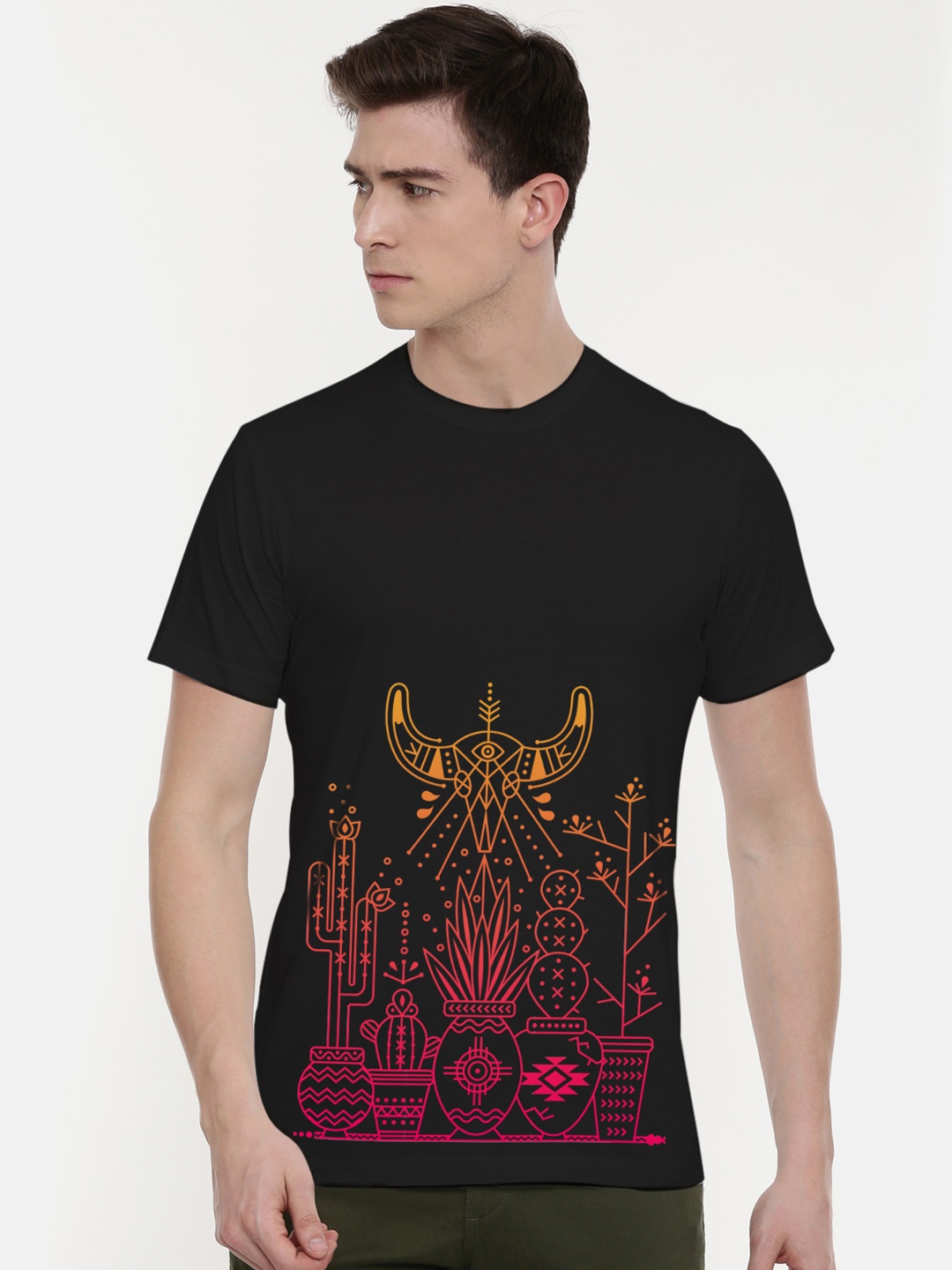 THREADCURRY Men Black Printed Round Neck T-shirt