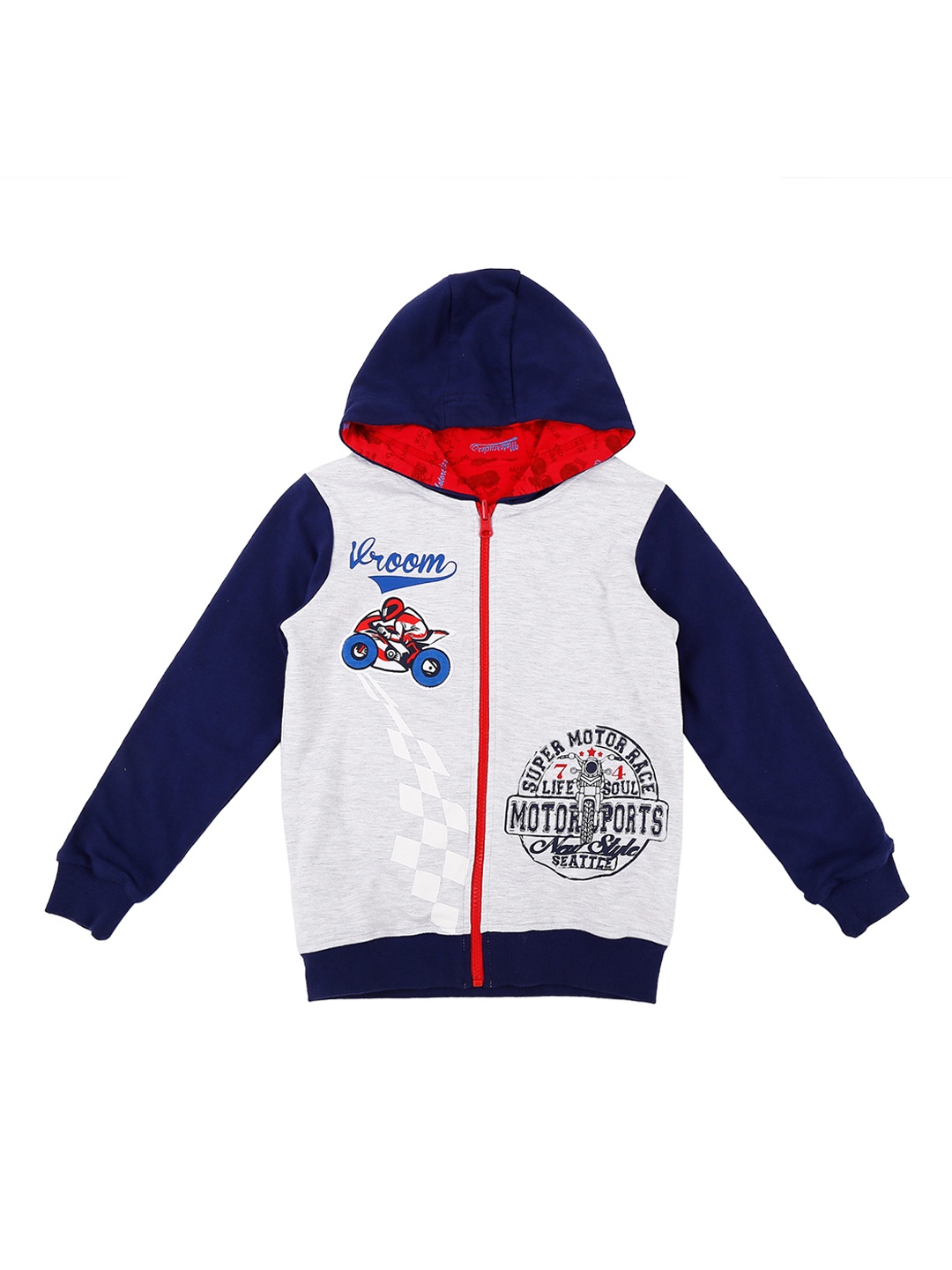 

Pantaloons Junior Boys Grey Melange & Blue Printed Hooded Sweatshirt