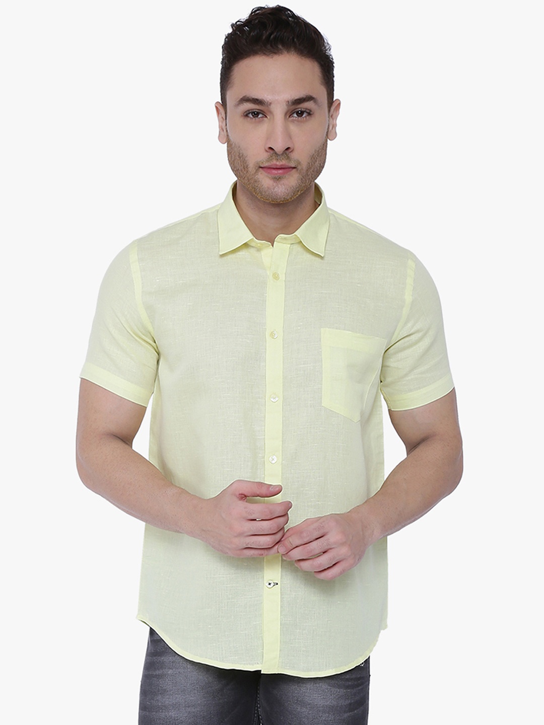 

Southbay Men Yellow Custom Tailored Fit Self Design Formal Shirt