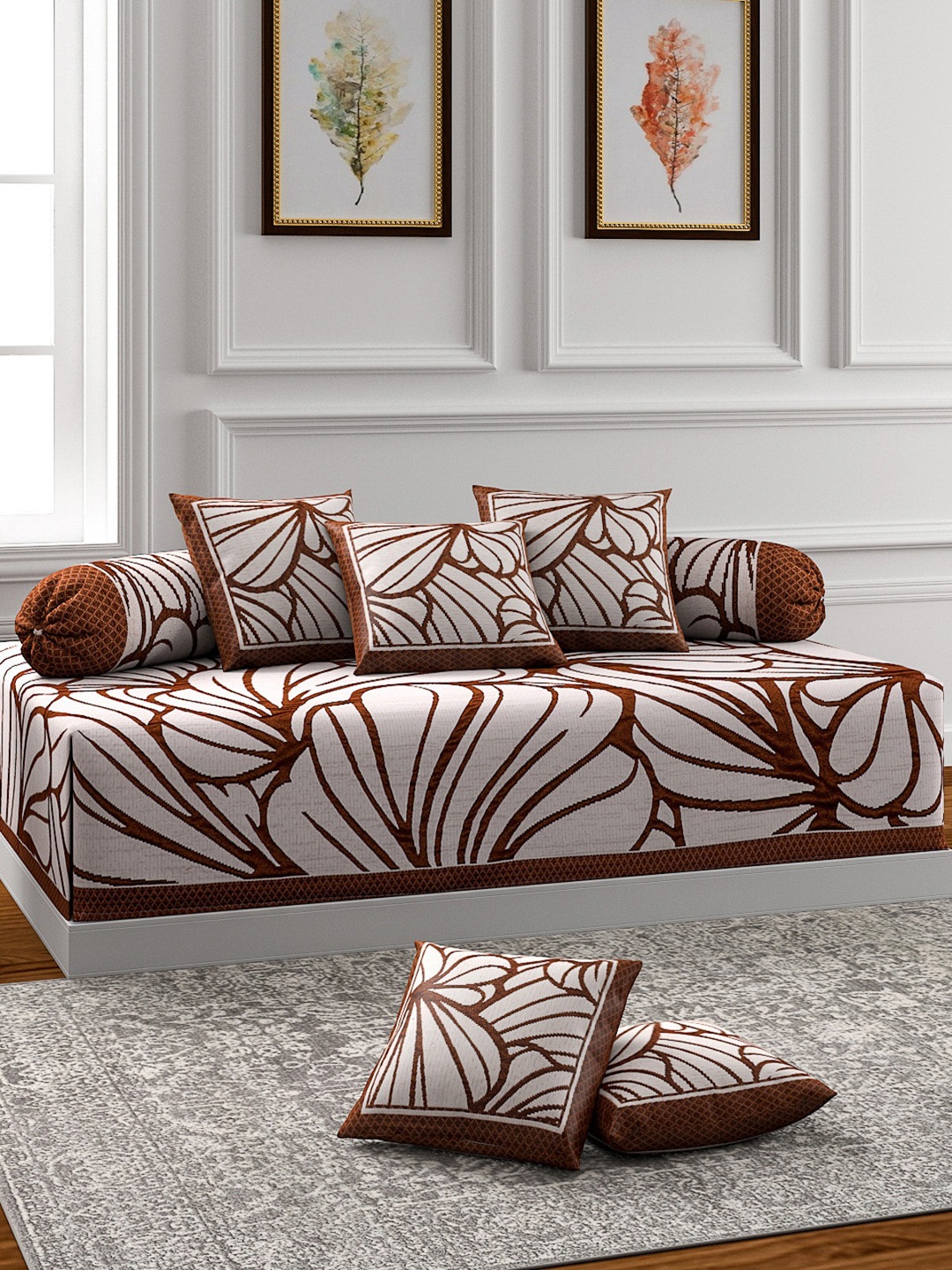 

ROMEE 8-Pcs White & Brown Printed Diwan Set