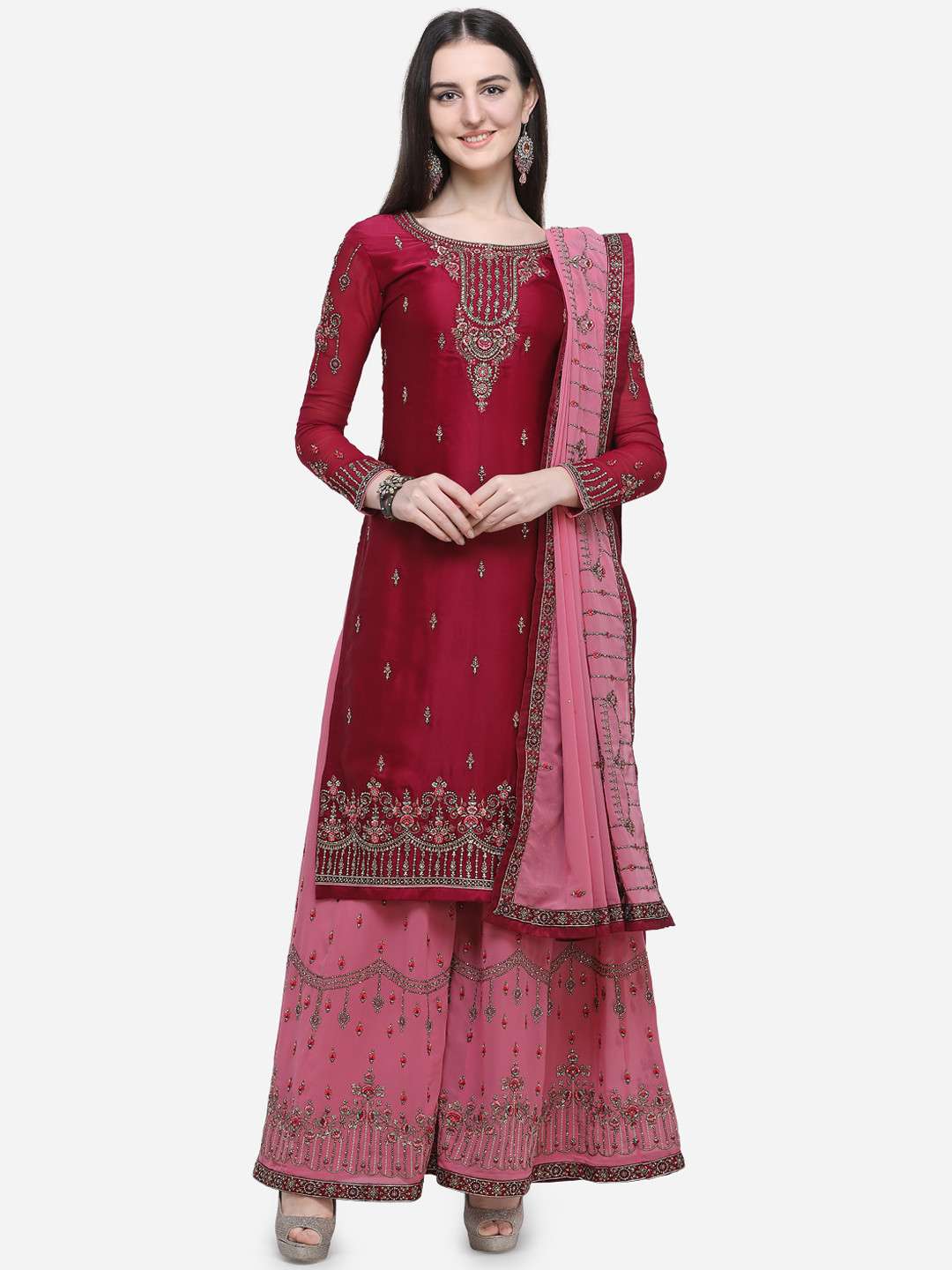 

Stylee LIFESTYLE Maroon Satin Semi-Stitched Dress Material