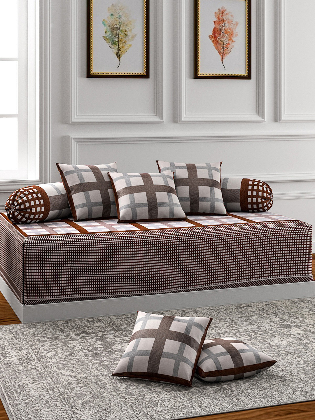 

ROMEE 8-Pcs Beige & Brown Checked Diwan Set