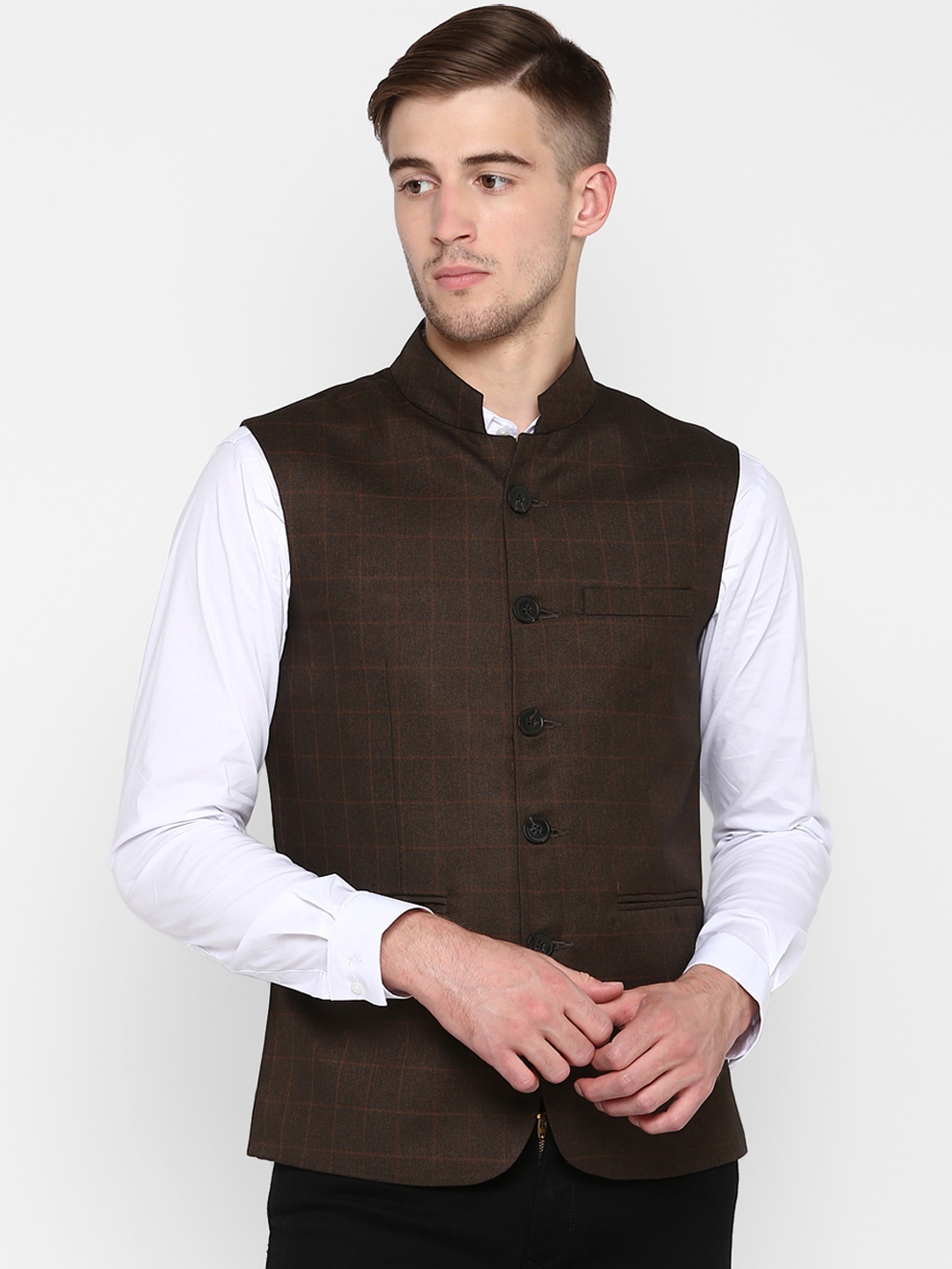 

Red Tape Men Coffee Brown Checked Nehru Jacket