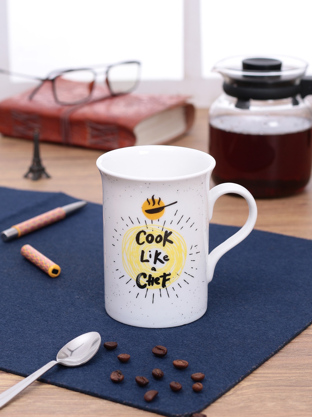 CLAY CRAFT Set of 4 White & Yellow Printed Bone China Mugs