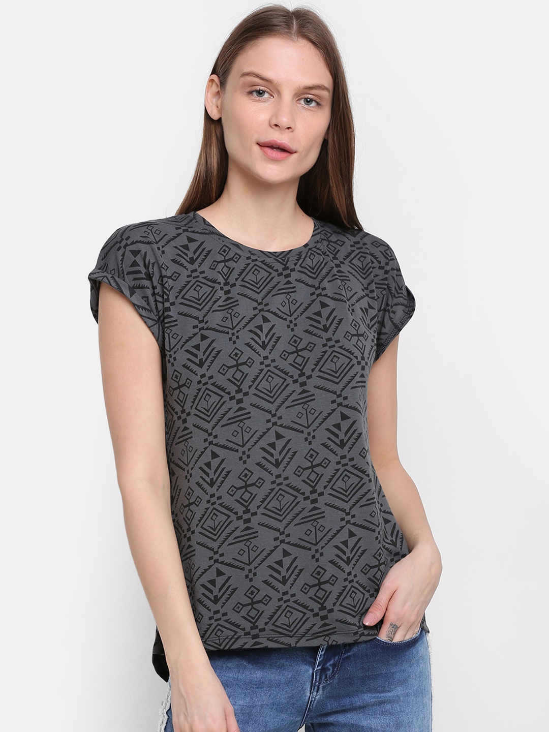 

Rute Women Grey Melange Printed Round Neck Pure Cotton T-shirt