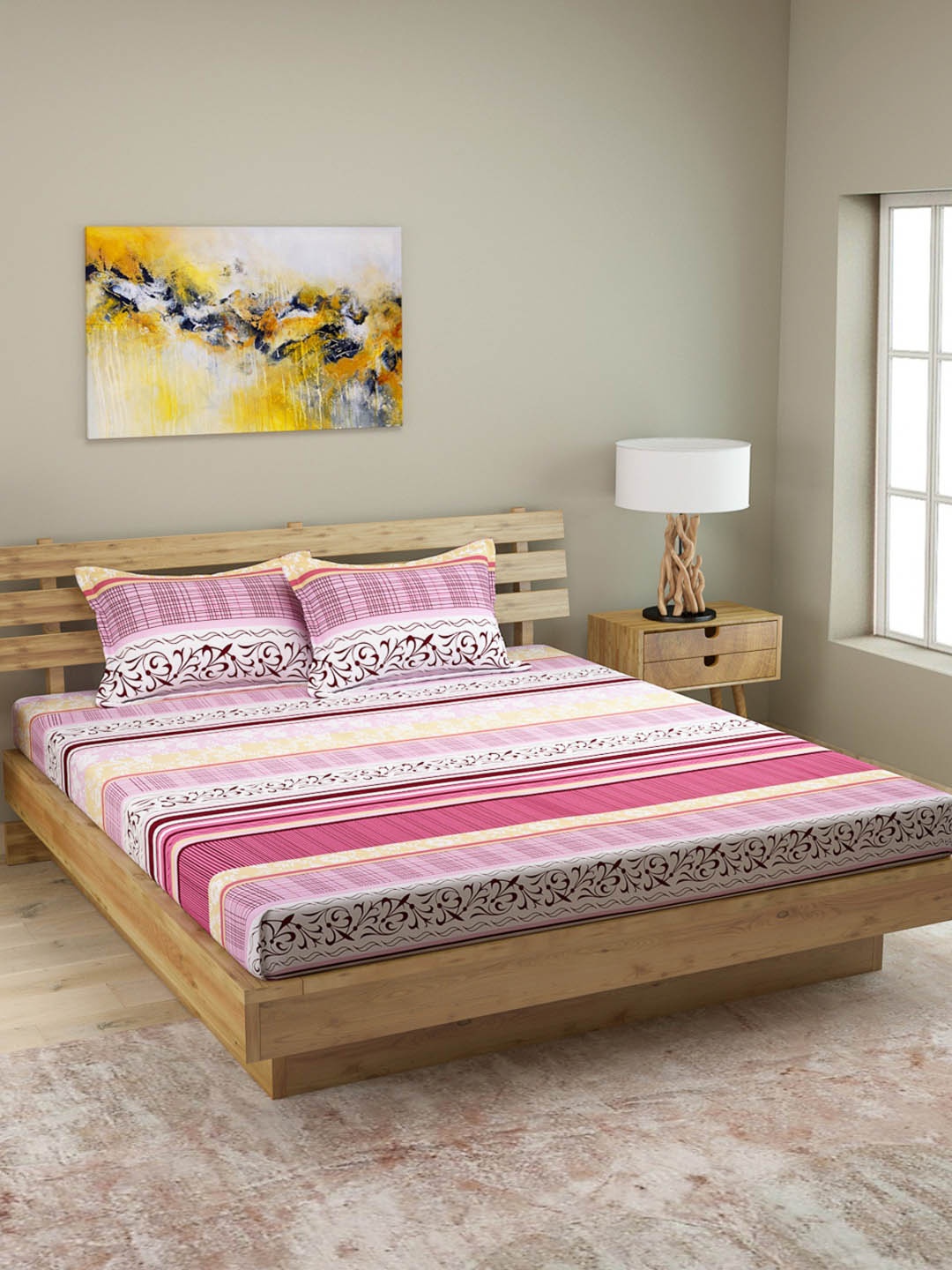 

ROMEE Pink & White Floral 210 TC Cotton 1 King Bedsheet with 2 Pillow Covers